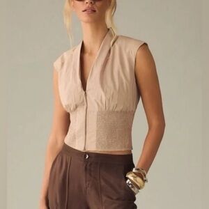 Maeve Sleeveless Smocked Zip Front V Neck Top in Beige